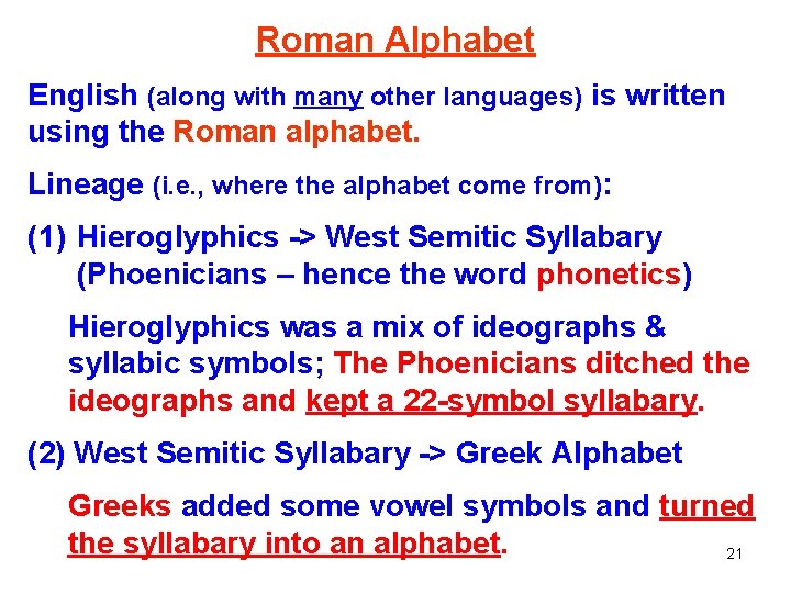 Roman Alphabet English (along with many other languages) is written using the Roman alphabet. Roman Alphabet English (along with many other languages) is written using the Roman alphabet.