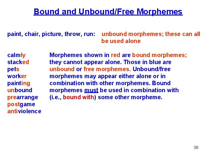 Bound and Unbound/Free Morphemes paint, chair, picture, throw, run: calmly stacked pets worker painting