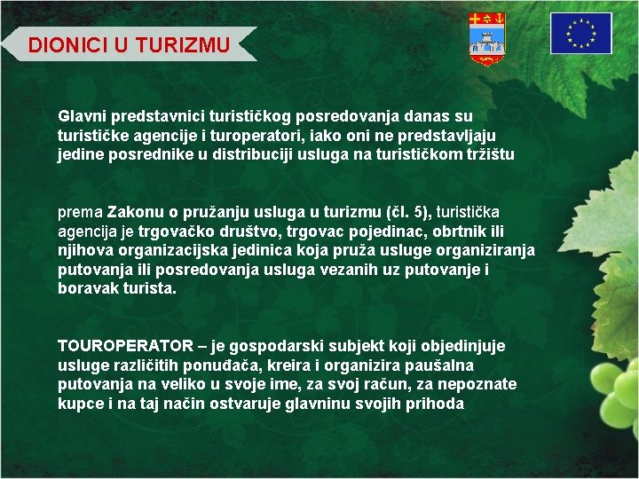 DIONICI U TURIZMU Glavni predstavnici turističkog posredovanja danas su turističke agencije i turoperatori, iako