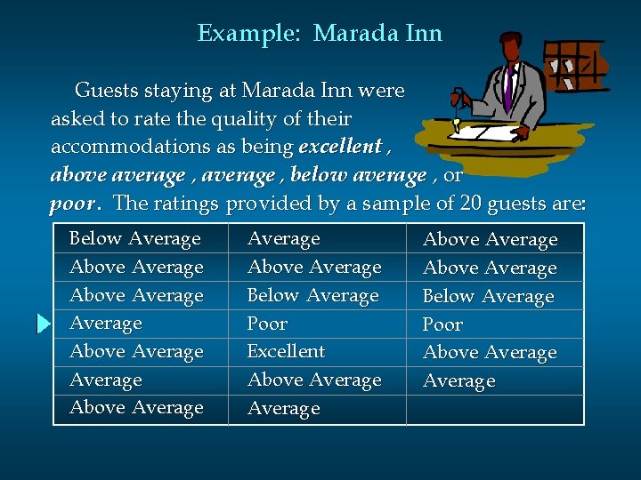 Example: Marada Inn Guests staying at Marada Inn were asked to rate the quality Example: Marada Inn Guests staying at Marada Inn were asked to rate the quality