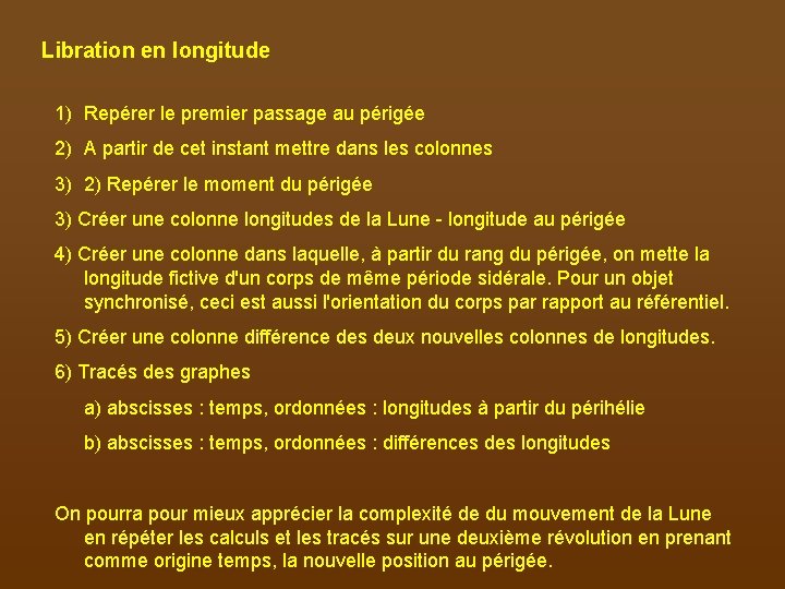 Libration en longitude 1) Repérer le premier passage au périgée 2) A partir de