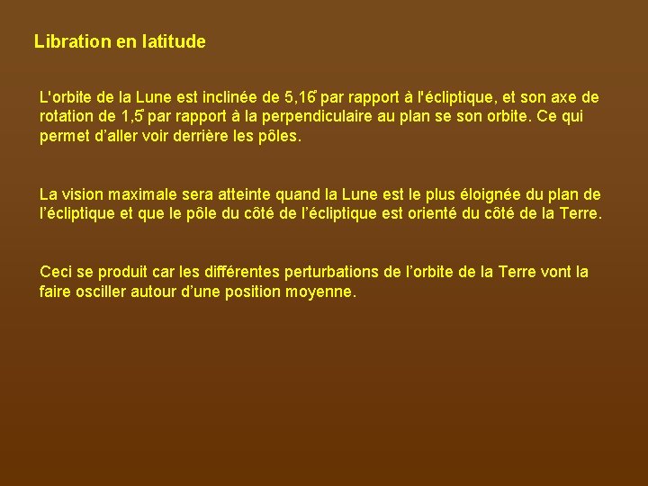 Libration en latitude L'orbite de la Lune est inclinée de 5, 16 par rapport