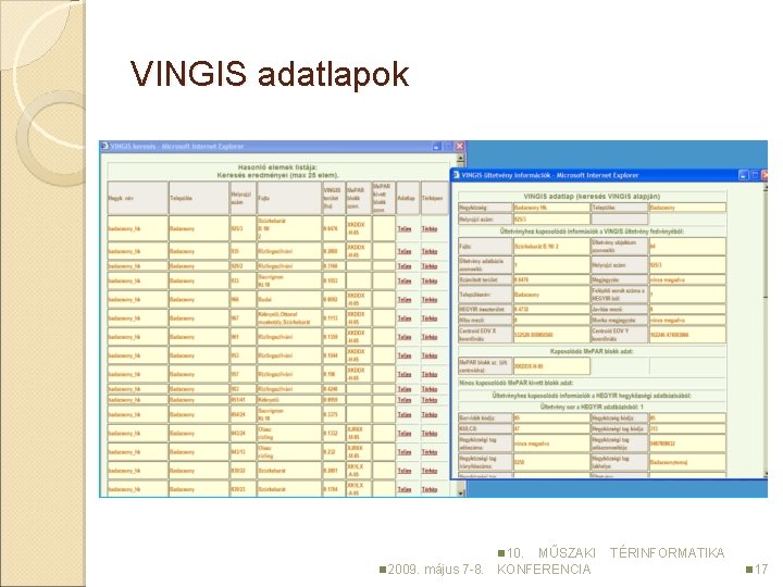 VINGIS adatlapok n 10. n 2009. május 7 -8. MŰSZAKI KONFERENCIA TÉRINFORMATIKA n 17