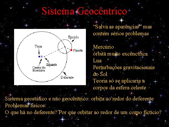 Sistema Geocêntrico “Salva as aparências” mas contém sérios problemas Mercúrio órbita muito excênctrica Lua