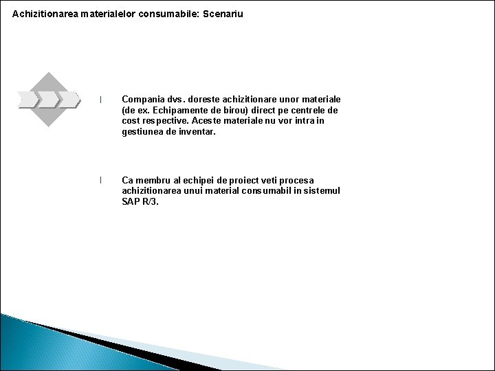 Achizitionarea materialelor consumabile: Scenariu l Compania dvs. doreste achizitionare unor materiale (de ex. Echipamente