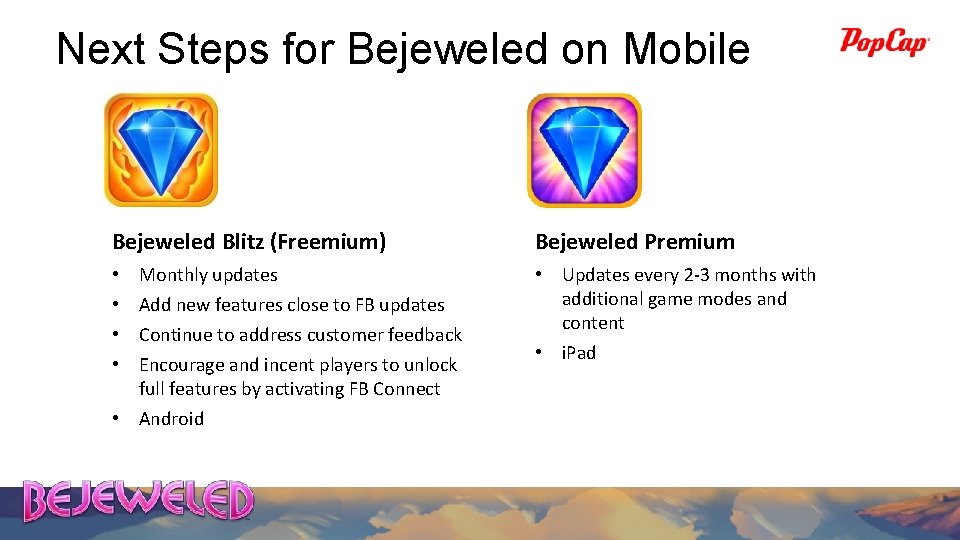 Next Steps for Bejeweled on Mobile Bejeweled Blitz (Freemium) • • • Monthly updates