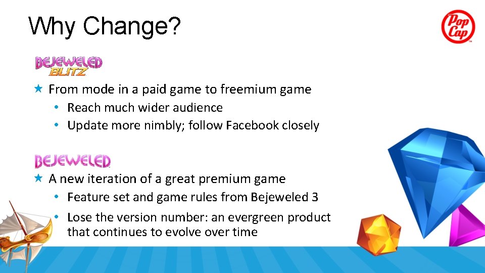 Why Change? From mode in a paid game to freemium game • Reach much