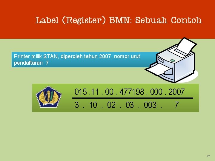 Label (Register) BMN: Sebuah Contoh Printer milik STAN, diperoleh tahun 2007, nomor urut pendaftaran
