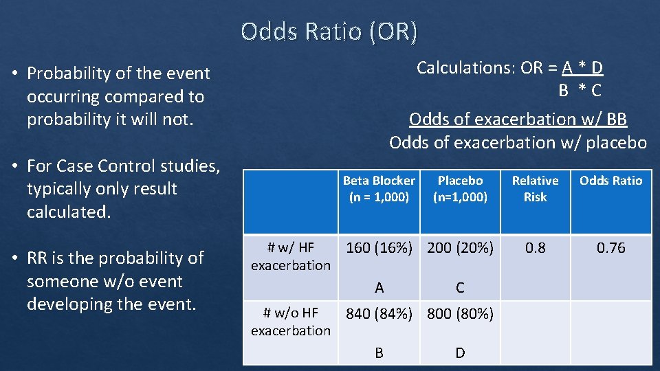 Odds Ratio (OR) Calculations: OR = A * D B * C Odds of