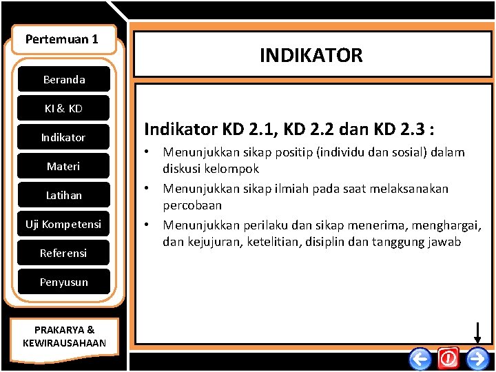 Pertemuan 1 INDIKATOR Beranda KI & KD Indikator Materi Latihan Uji Kompetensi Referensi Indikator