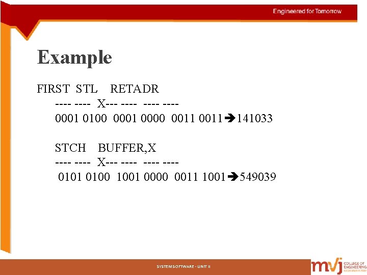 Example FIRST STL RETADR ---- X--- ---- ---0001 0100 0001 0000 0011 141033 STCH Example FIRST STL RETADR ---- X--- ---- ---0001 0100 0001 0000 0011 141033 STCH
