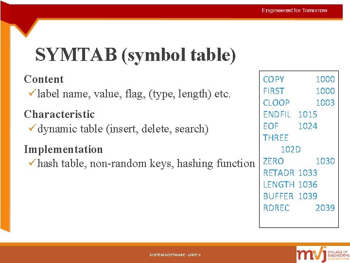 SYMTAB (symbol table) Content ülabel name, value, flag, (type, length) etc. Characteristic üdynamic table SYMTAB (symbol table) Content ülabel name, value, flag, (type, length) etc. Characteristic üdynamic table