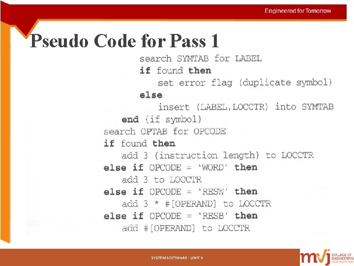 Pseudo Code for Pass 1 SYSTEM SOFTWARE - UNIT II 30 Pseudo Code for Pass 1 SYSTEM SOFTWARE - UNIT II 30