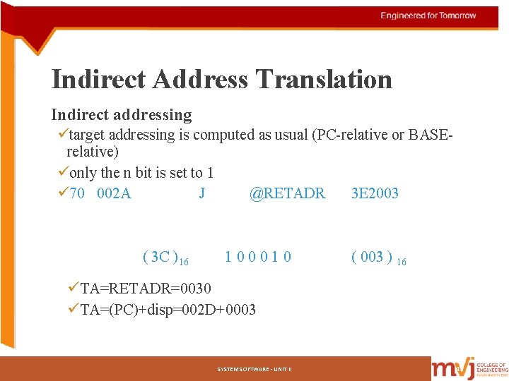 Indirect Address Translation Indirect addressing ütarget addressing is computed as usual (PC-relative or BASErelative) Indirect Address Translation Indirect addressing ütarget addressing is computed as usual (PC-relative or BASErelative)