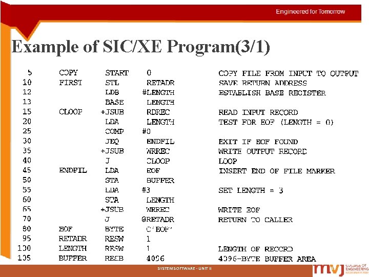 Example of SIC/XE Program(3/1) SYSTEM SOFTWARE - UNIT II 43 Example of SIC/XE Program(3/1) SYSTEM SOFTWARE - UNIT II 43