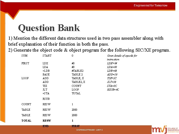 Question Bank 1) Mention the different data structures used in two pass assembler along Question Bank 1) Mention the different data structures used in two pass assembler along