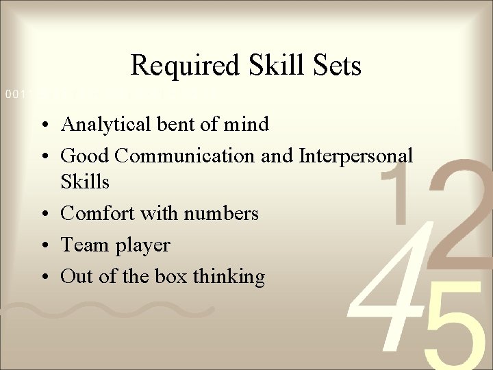 Required Skill Sets • Analytical bent of mind • Good Communication and Interpersonal Skills Required Skill Sets • Analytical bent of mind • Good Communication and Interpersonal Skills