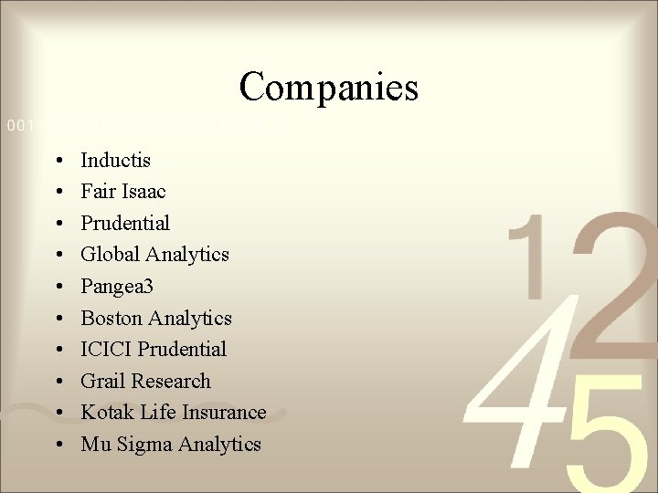 Companies • • • Inductis Fair Isaac Prudential Global Analytics Pangea 3 Boston Analytics Companies • • • Inductis Fair Isaac Prudential Global Analytics Pangea 3 Boston Analytics
