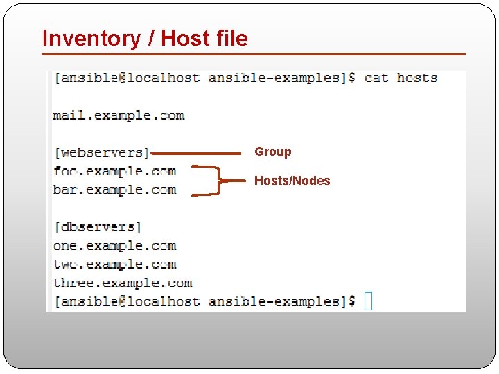 Inventory / Host file Group Hosts/Nodes 