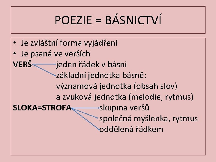 POEZIE = BÁSNICTVÍ • Je zvláštní forma vyjádření • Je psaná ve verších VERŠ