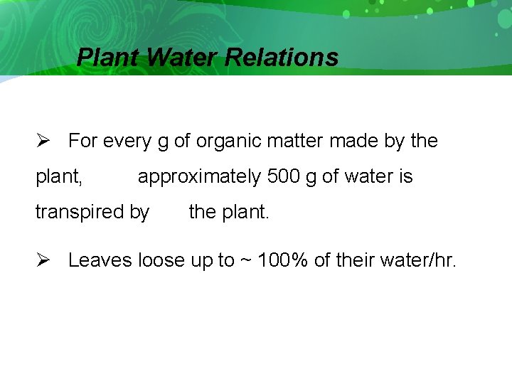 Plant Water Relations Ø For every g of organic matter made by the plant,