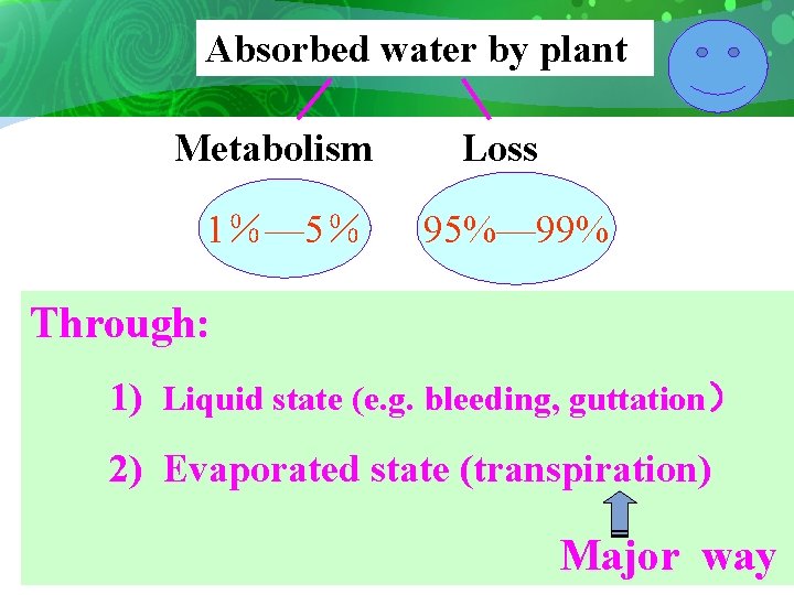 Absorbed water by plant Metabolism 1％— 5％ Loss 95%— 99% Through: 1) Liquid state