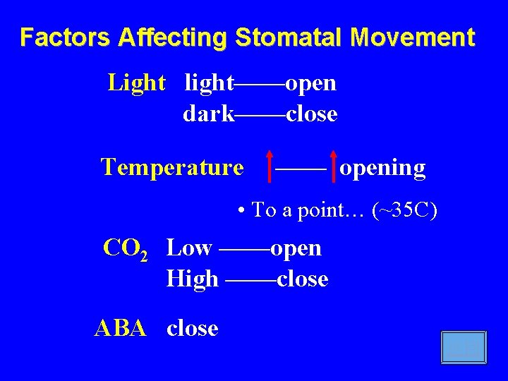 Factors Affecting Stomatal Movement Light light——open dark——close Temperature —— opening • To a point…