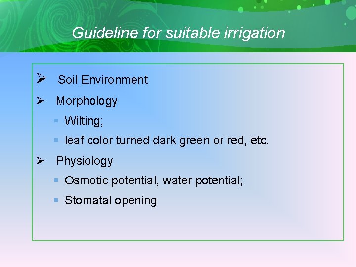 Guideline for suitable irrigation Ø Soil Environment Ø Morphology § Wilting; § leaf color