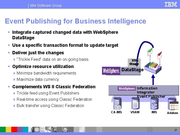 IBM Software Group Event Publishing for Business Intelligence § Integrate captured changed data with