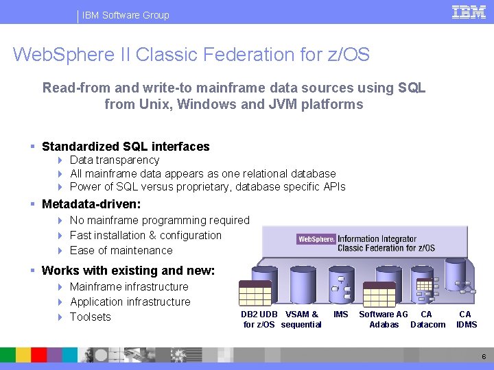 IBM Software Group Web. Sphere II Classic Federation for z/OS Read-from and write-to mainframe