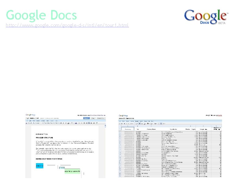 Google Docs http: //www. google. com/google-d-s/intl/en/tour 1. html Provides a free web-based word processing,
