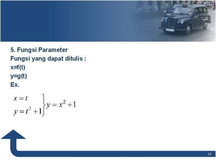 5. Fungsi Parameter Fungsi yang dapat ditulis : x=f(t) y=g(t) Ex. 16 5. Fungsi Parameter Fungsi yang dapat ditulis : x=f(t) y=g(t) Ex. 16