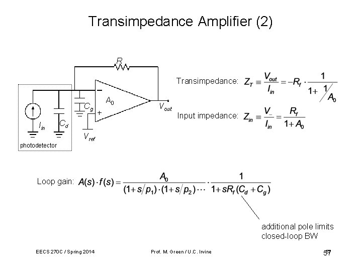 Transimpedance Amplifier (2) R Transimpedance: Cg Iin Cd photodetector A 0 Vout Input impedance: Transimpedance Amplifier (2) R Transimpedance: Cg Iin Cd photodetector A 0 Vout Input impedance: