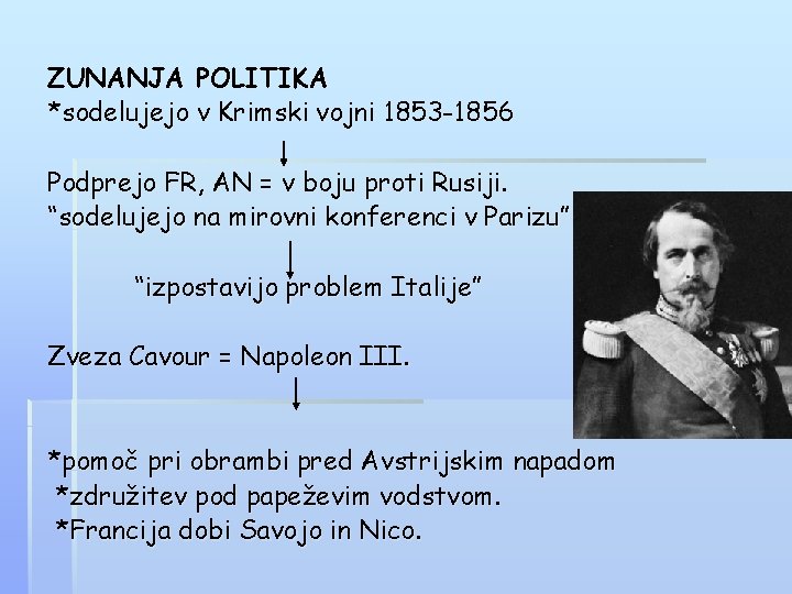 ZUNANJA POLITIKA *sodelujejo v Krimski vojni 1853 -1856 Podprejo FR, AN = v boju