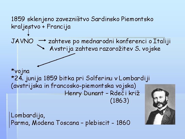 1859 sklenjeno zavezništvo Sardinsko Piemontsko kraljestvo + Francija JAVNO zahteve po mednarodni konferenci o