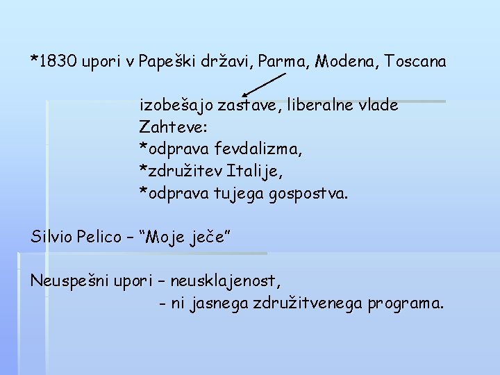 *1830 upori v Papeški državi, Parma, Modena, Toscana izobešajo zastave, liberalne vlade Zahteve: *odprava