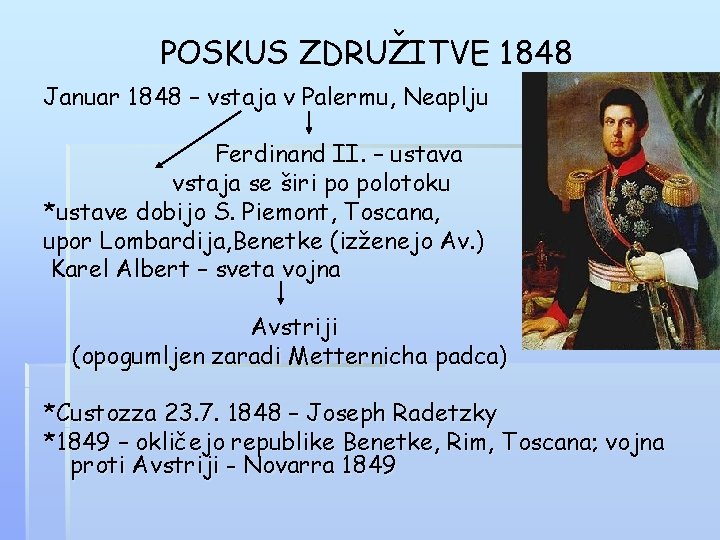 POSKUS ZDRUŽITVE 1848 Januar 1848 – vstaja v Palermu, Neaplju Ferdinand II. – ustava