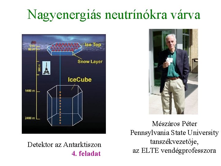 Nagyenergiás neutrínókra várva Detektor az Antarktiszon 4. feladat Mészáros Péter Pennsylvania State University tanszékvezetője,