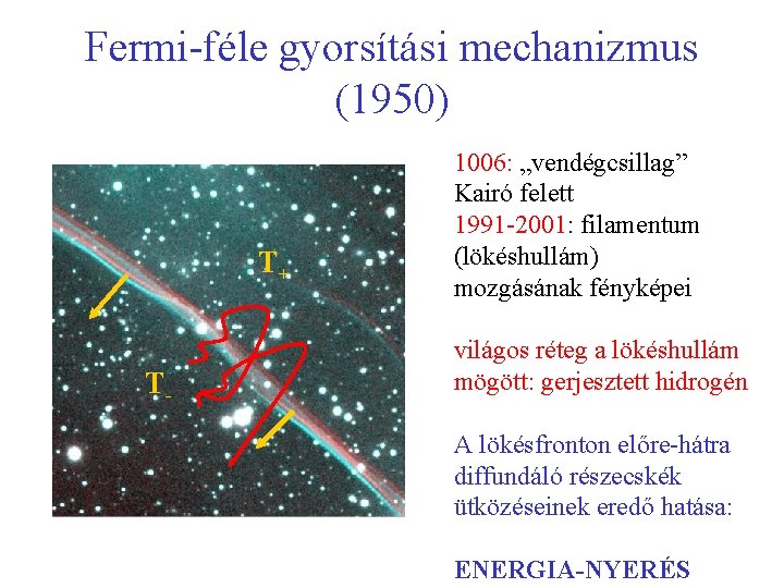 Fermi-féle gyorsítási mechanizmus (1950) T+ T- 1006: „vendégcsillag” Kairó felett 1991 -2001: filamentum (lökéshullám)