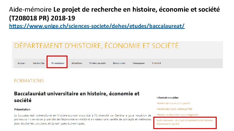 Aide-mémoire Le projet de recherche en histoire, économie et société (T 208018 PR) 2018