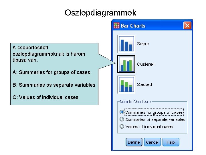 Oszlopdiagrammok A csoportosított oszlopdiagrammoknak is három típusa van. A: Summaries for groups of cases