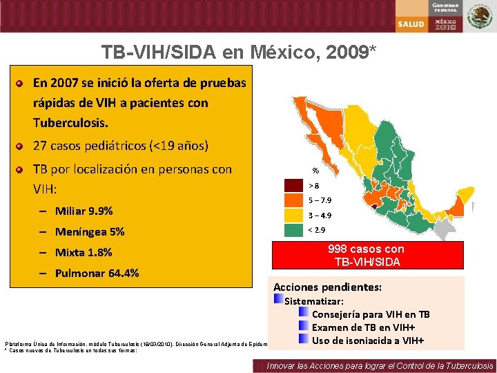 TB-VIH/SIDA en México, 2009* En 2007 se inició la oferta de pruebas rápidas de