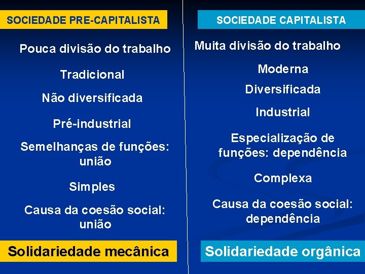 SOCIEDADE PRE-CAPITALISTA Pouca divisão do trabalho Tradicional Não diversificada Pré-industrial Semelhanças de funções: união