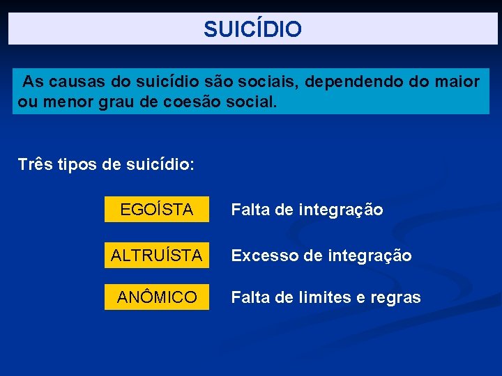 SUICÍDIO As causas do suicídio são sociais, dependendo do maior ou menor grau de