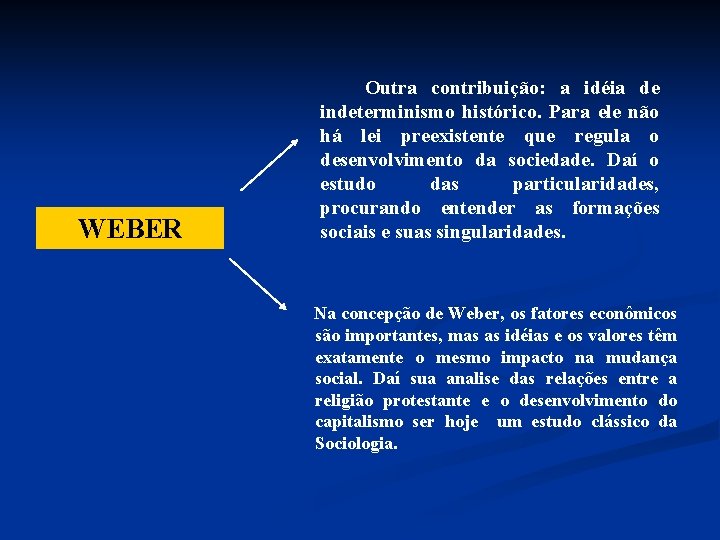 WEBER Outra contribuição: a idéia de indeterminismo histórico. Para ele não há lei preexistente