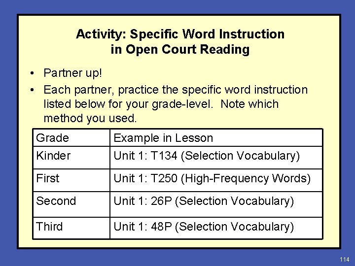 Activity: Specific Word Instruction in Open Court Reading • Partner up! • Each partner,