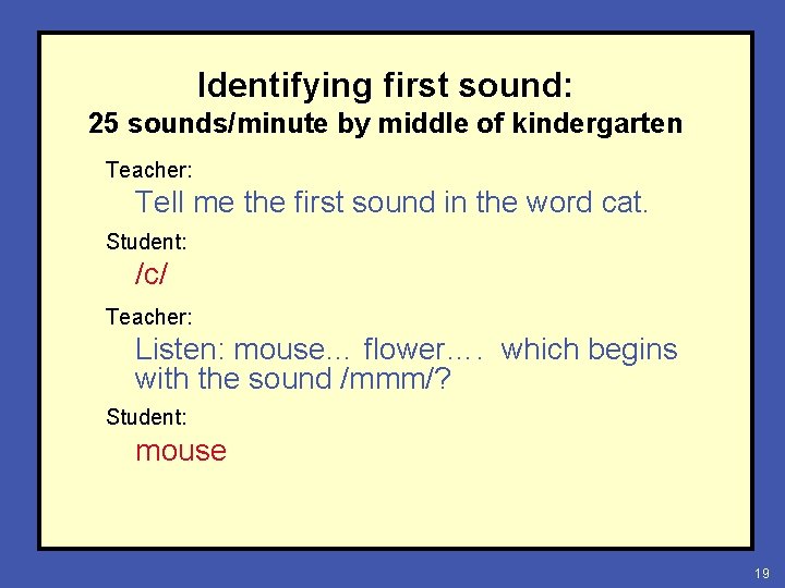 Identifying first sound: 25 sounds/minute by middle of kindergarten Teacher: Tell me the first