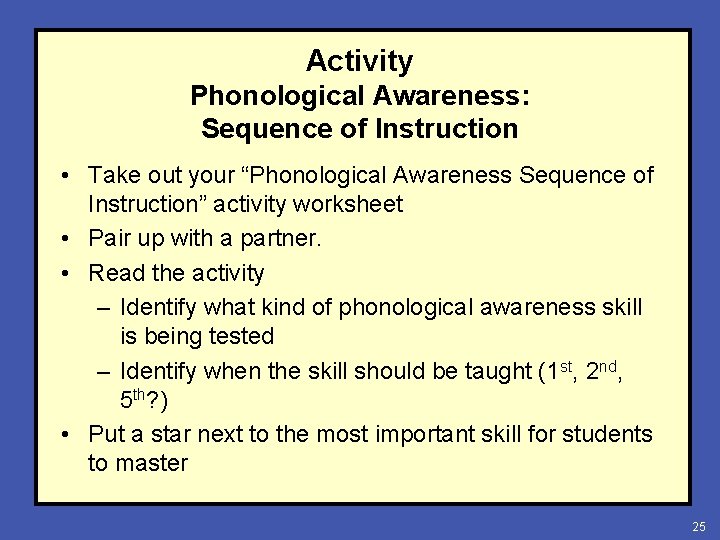 Activity Phonological Awareness: Sequence of Instruction • Take out your “Phonological Awareness Sequence of