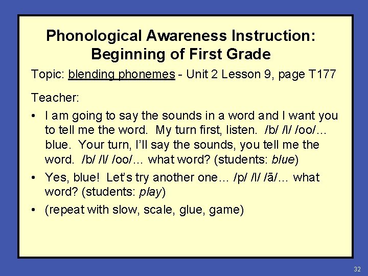 Phonological Awareness Instruction: Beginning of First Grade Topic: blending phonemes - Unit 2 Lesson