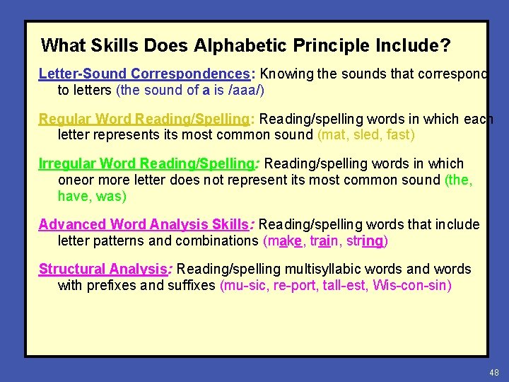 What Skills Does Alphabetic Principle Include? Letter-Sound Correspondences: Knowing the sounds that correspond to